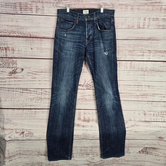 Hudson Mens Byron Straight Jeans 31 Blue Denim Distress Fade Button Fly Pants - Picture 1 of 15